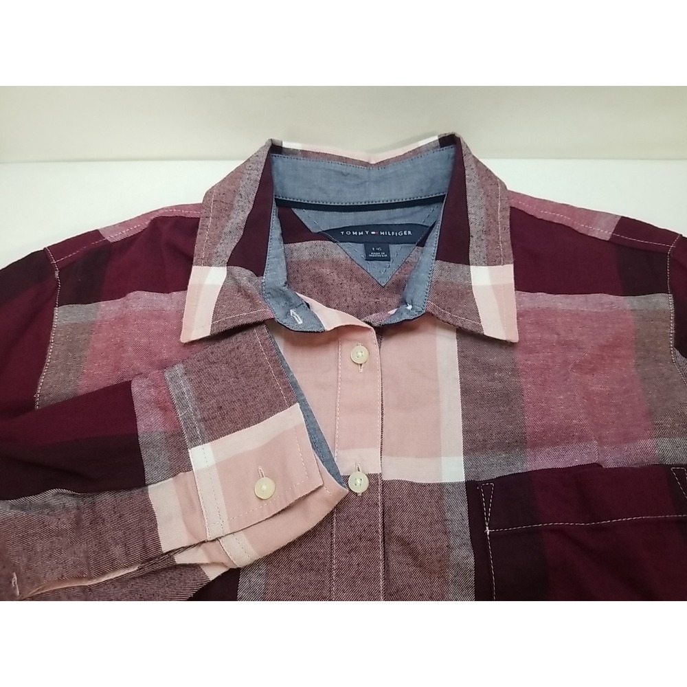 Tommy Hilfiger Womens Large Plaid Roll Tab Long‎ Sleeve Button Up Flannel Shirt